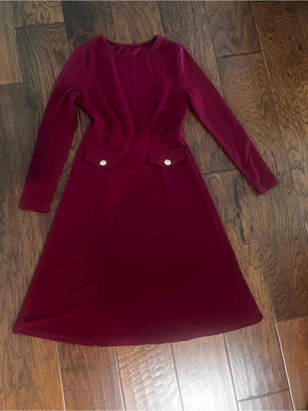 Burgundy Long Sleeve Fit & Flare Dress with Gold Button Detail